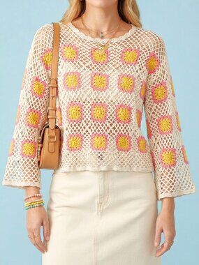 Charlie B Boho Crochet Granny Square Open Weave Long Bell Sleeve Top